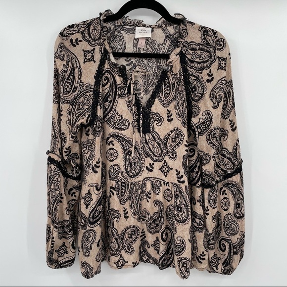 Knox Rose Beige & Black Paisley Print Boho Blouse - Picture 3 of 15